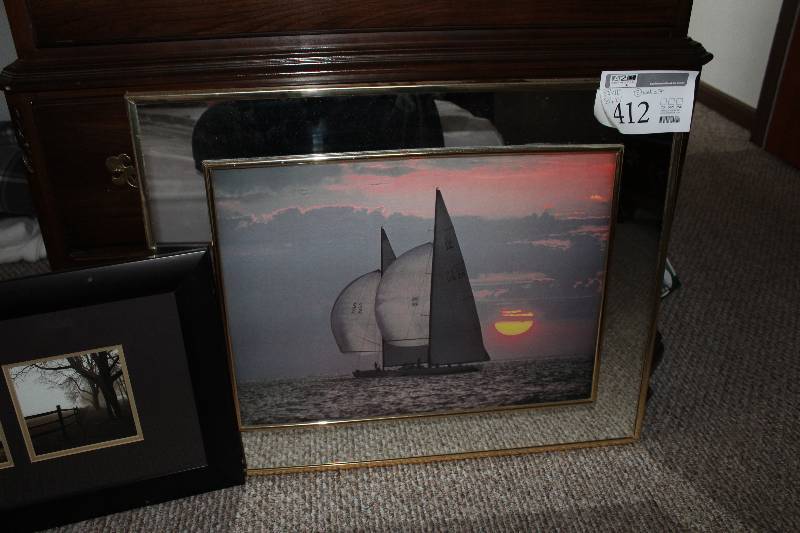 lot 412 image: Lot of (2) Framed Wall Art - Sailboat, 3-panel Landscape