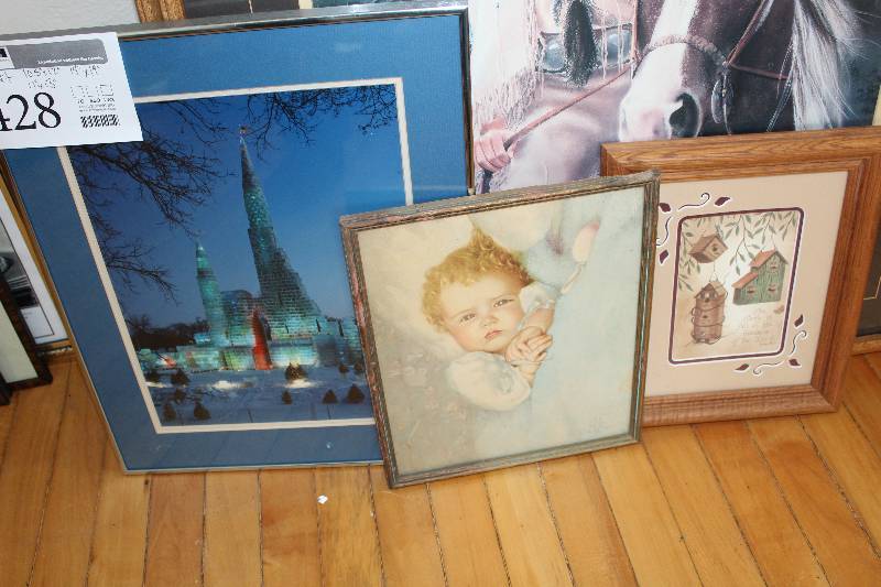 lot 428 image: Lot of (3) Framed Matted Wall Art - Ice Castle, Baby, Birdhouses