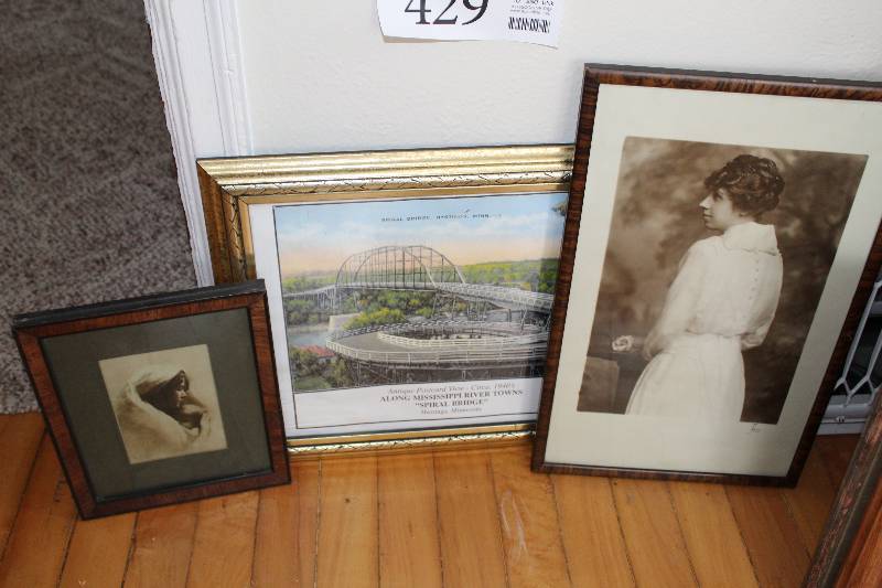 lot 429 image: Lot of (3) Framed Matted Wall Art - Portraits, Mississippi River Spiral Bridge