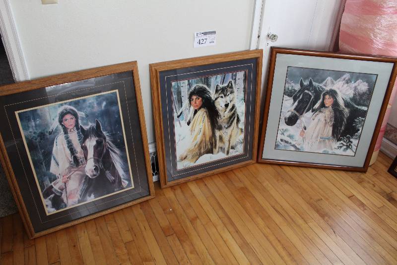 lot 427 image: Lot of (3) Framed Matted Wall Art - Woman w Horse, Wolf, On Horseback