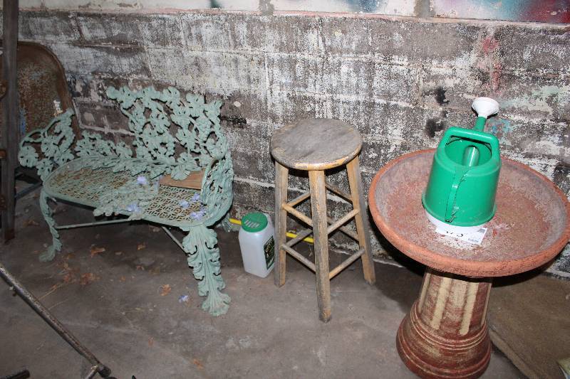 lot 473 image: Yard Dcor - Bench, Table Birdbath, Water Can, Stool