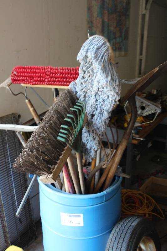 lot 136 image: Brooms, Mops, Rakes, Shovels, And More