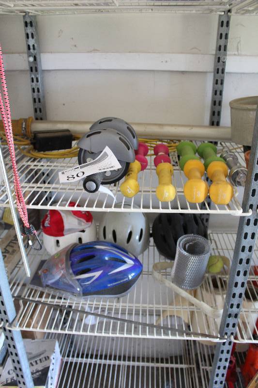 lot 80 image: Exercise Equipment - Bike Helmets, Barbell Weights, Exercise Wheel,  Pool Rack, And More