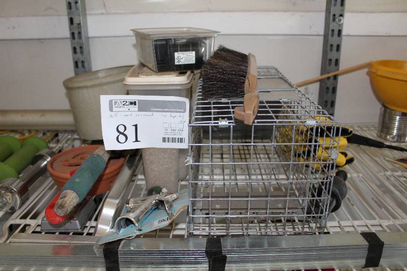 lot 81 image: Live Animal Traps, Yard Tools, Seed, Brushes, Sprayer, Trowels, Pots, Coozies, And More