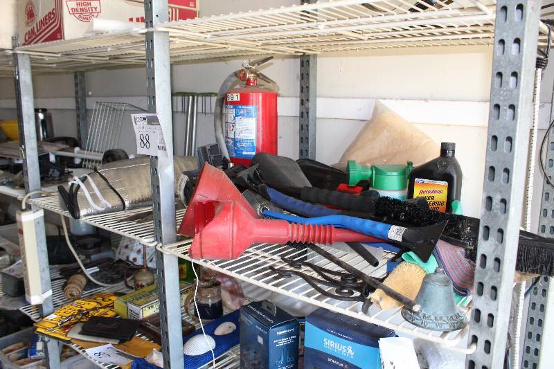 lot 88 image: Fire Extinguisher, Funnels, Sunshade, Ice Scraper, Caster Wheels, Car Dash Compass, And More