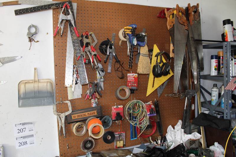 lot 207 image: Clamps, Wood Saws, Mallets, Yard Sticks, Squares, Brushes, And More