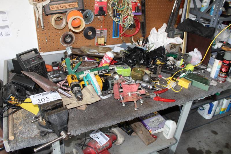 lot 208 image: Tools, Hardware, Bench Vise, Grinding Wheel, Air Tools, Tape, Wiring, And More