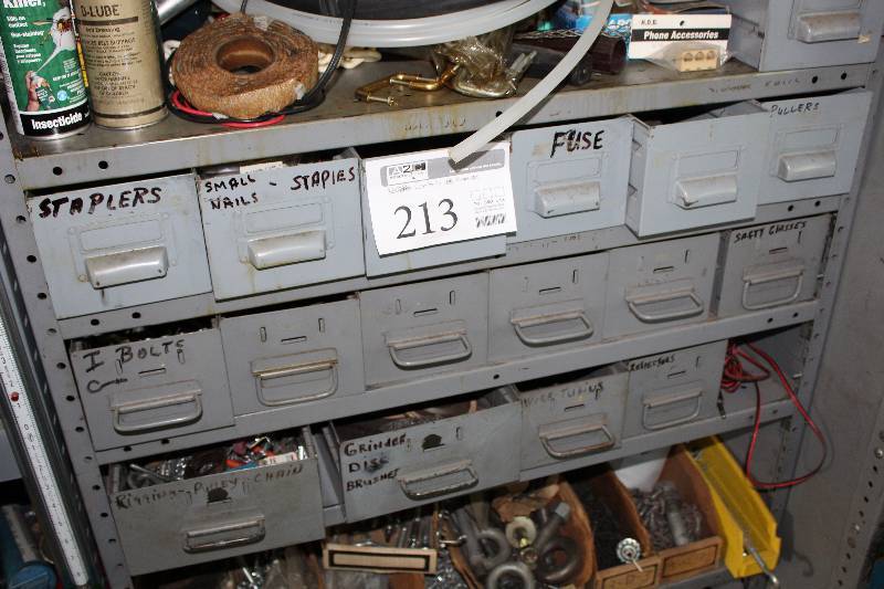 lot 213 image: Staples, Nails, Brads, Eye Hooks, Reflectors, Grinding Discs