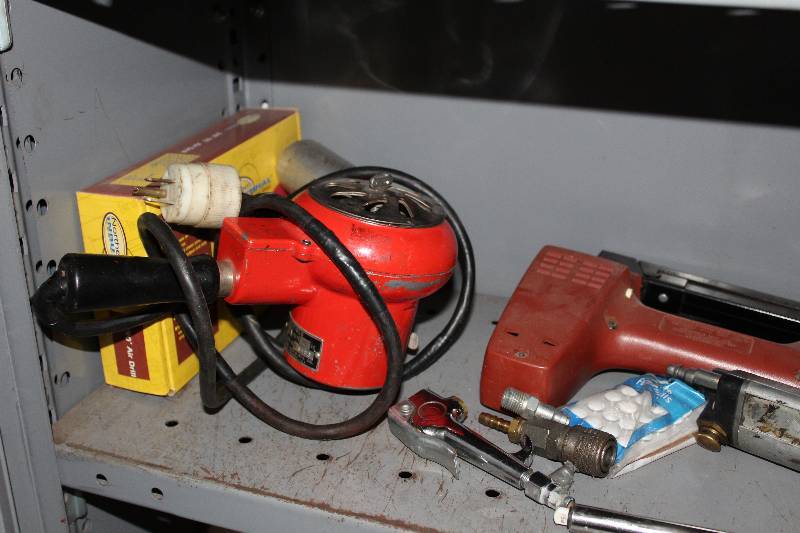 lot 227 image: Electric Stapler, Heat Gun, Air Nozzle, Tacks, Air Gauge, And More