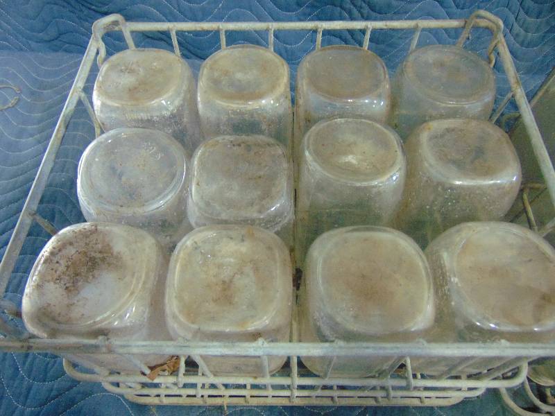lot 161 image: (24) Vintage Glass Milk Bottles With Metal Crates