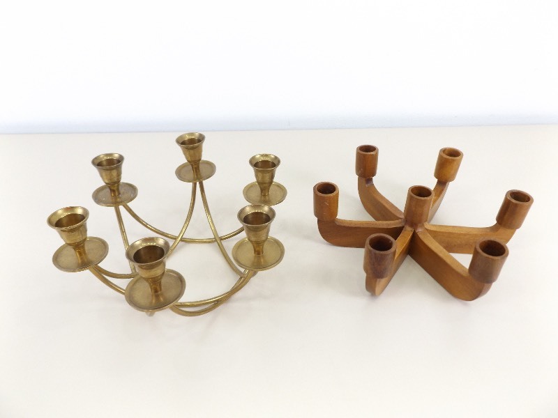 lot 5 image: Brass Star of David, and Wood Menorahs