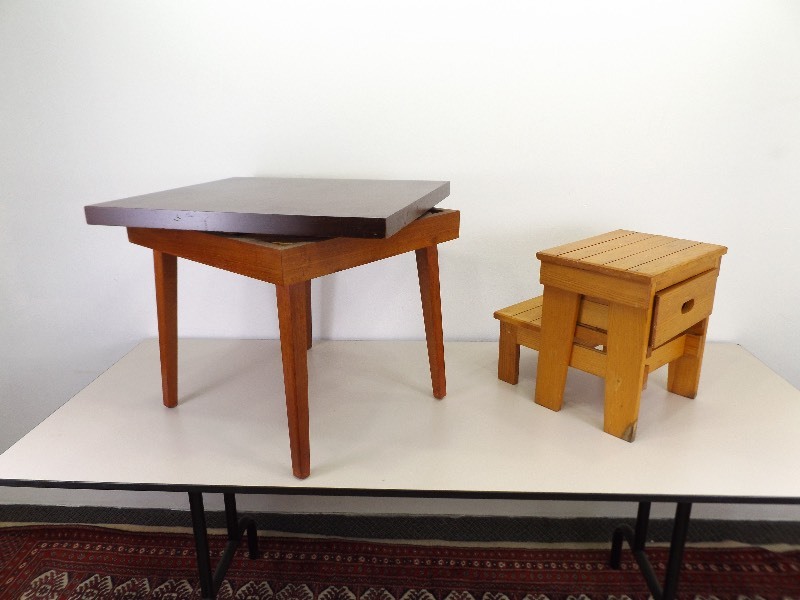 lot 23 image: Vintage Wood Spinning Lazy Susan Table, and Step Stool