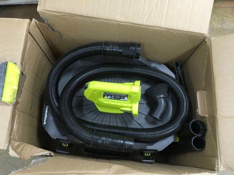 lot 8 image: RYOBI 18-Volt ONE 6 Gal. Cordless WetDry Vacuum (Tool Only) with Hose, Crevice Tool, Floor Nozzle USED in working conditions