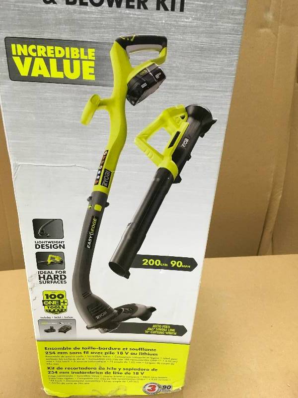 lot 20 image: RYOBI ONE 18-Volt Lithium-Ion String TrimmerEdger and Blower Combo Kit 2.0 Ah Battery and Charger Included USED in working conditions