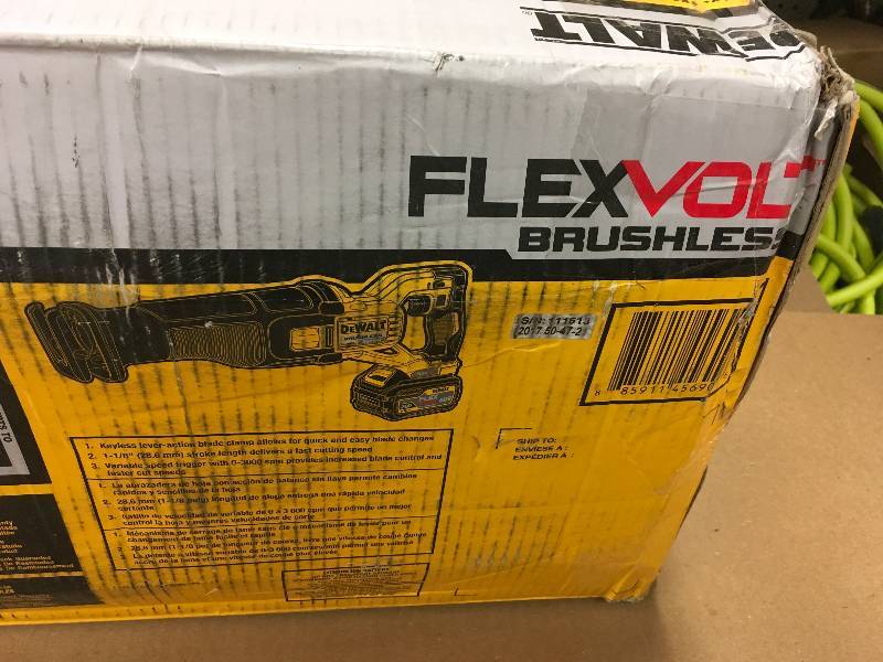 lot 25 image: DEWALT FLEXVOLT 60-Volt MAX Lithium-Ion Cordless Brushless Reciprocating Saw with (1) Battery 2Ah, Charger and Contractor Bag Model#  DCS388T1  not used