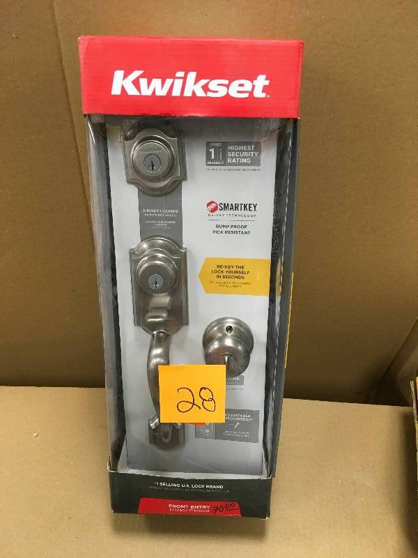 lot 28 image: Kwikset Montara Satin Nickel Single Cylinder Door Handleset with Juno Entry Knob featuring SmartKey not used