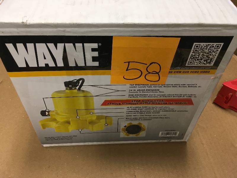 lot 58 image: WAYNE 0.16 HP WaterBUG Submersible Utility Pump with Multi-Flo Technology in good conditions