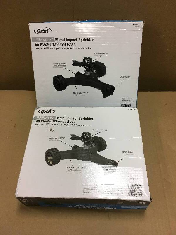lot 60 image: Lot of 2 ORBIT 20,106 sq. ft. Zinc Impact Sprinkler with Plastic Wheel Base