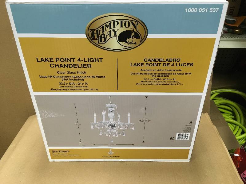 lot 61 image: Hampton Bay Lake Point 4-Light Chrome and Clear Crystal Chandelier New