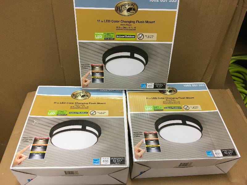 lot 80 image: LOT OF 3 HAMPTON BAY 11 in. Round Black Integrated LED Outdoor Flush Mount with Color Selectable Feature in good conditions