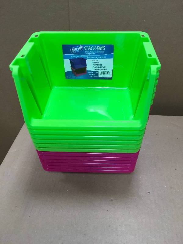 lot 87 image: Lot of 2 packs set of Stackable Storage Bin in Green & Purple  not used