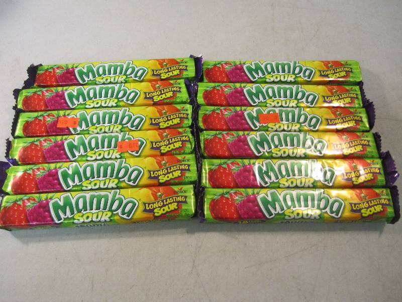 lot 112 image: 12 Mamba Sour Fruit Chews Best by J...