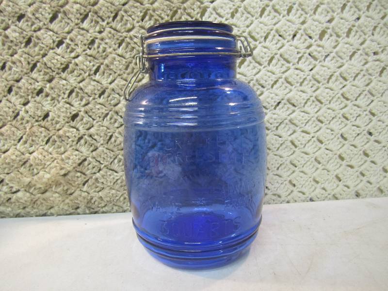 lot 194 image: 3 Quart Blue Glass Jar with Latch L...