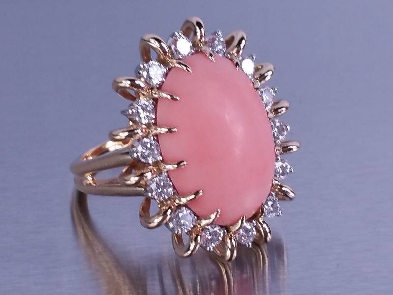 lot 2 image: 6 Carat Angel Skin Coral & Diamond Ring 18K