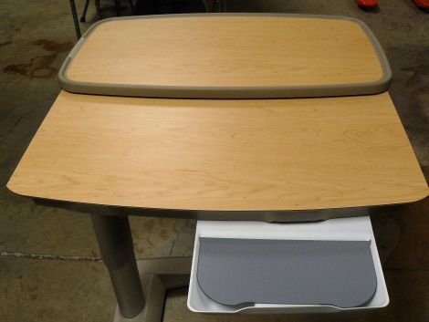 lot 4 image: Retails New $1000 - Top Of The Line Stryker Tru-fit Overbed Table Over the Bed Hospital Wheelchair Tray Adjustable Bedside Table Large Split Top Surface With Vanity Mirror & More - Excellent Condition