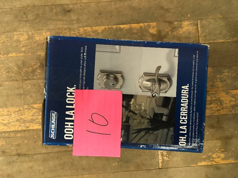 lot 10 image: Schlage Camelot Satin Nickel Single Cylinder Deadbolt with Georgian Entry Door Knob Combo Pack