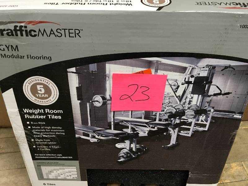 lot 23 image: TrafficMaster Black with Blue Flecks 37 in. x 56 in. x 8 mm Rubber Weight Room Tiles (14.32 sq. ft.  box)