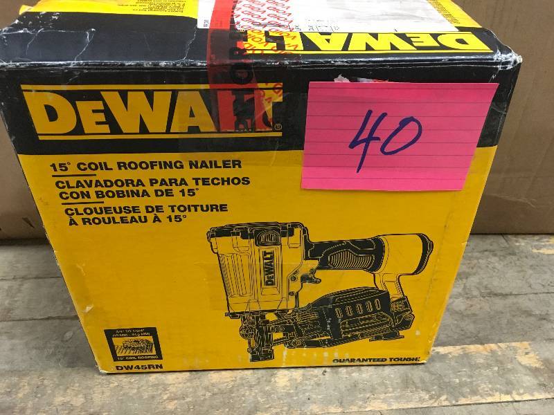 lot 40 image: Dewalt Pneumatic 15-Degree Coil Roofing Nailer used in working conditions