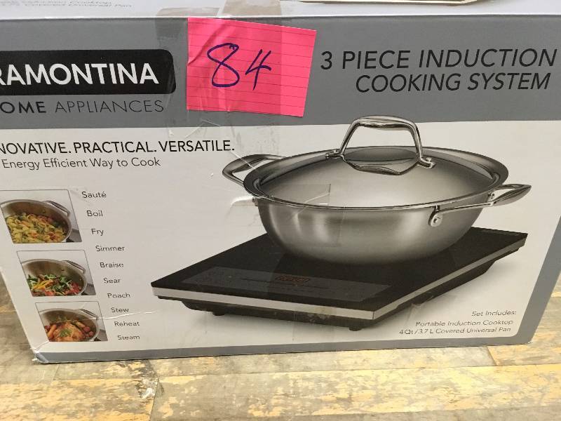 lot 84 image: Tramontina 3 piece Induction Cooking System Set, Portable Cooktop Used in working condition