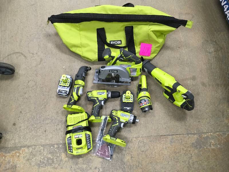 lot 117 image: Ryobi 18-Volt ONE Cordless Lithium Ion 6-Tool Combo Kit with (2) 1.5 Ah Batteries, Charger, and Bag