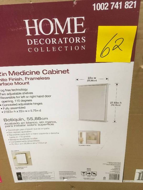 lot 62 image: HOME DECO 22 in. W x 27-34 in. H Fog Free Frameless Surface-Mount Bathroom Medicine Cabinet in White