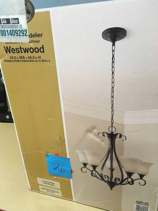 Hampton Bay 5-Light Oil-Rubbed Bronze Chandelier with Frosted White Glass Shades
