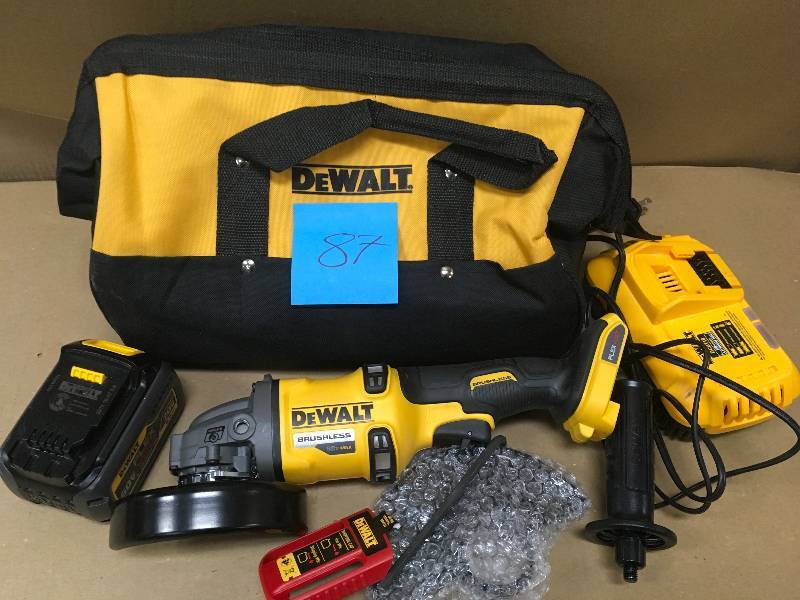 DEWALT FLEXVOLT 60-Volt MAX Lithium-Ion Cordless Brushless 4-12 in. Angle Grinder with Battery 2Ah, Charger and Contractor Bag