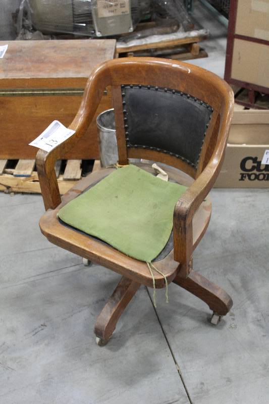 lot 13 image: Rolling Wood Office Chair w Leather Seat Pad, Back