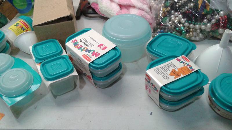 lot 47 image: Bin Filled With Mixed Items, New Food Containers, Mardi Gras Beads, Other Stuff
