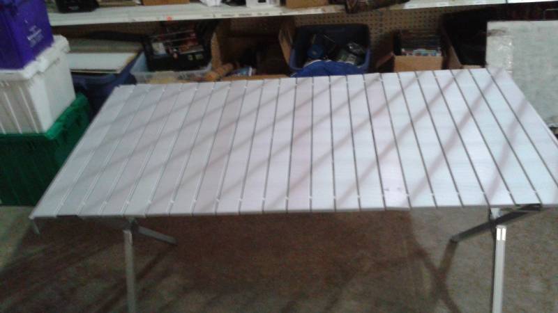 lot 77 image: Aluminium Metal Folding Camping Table, Bag Has Some Mildew Marks