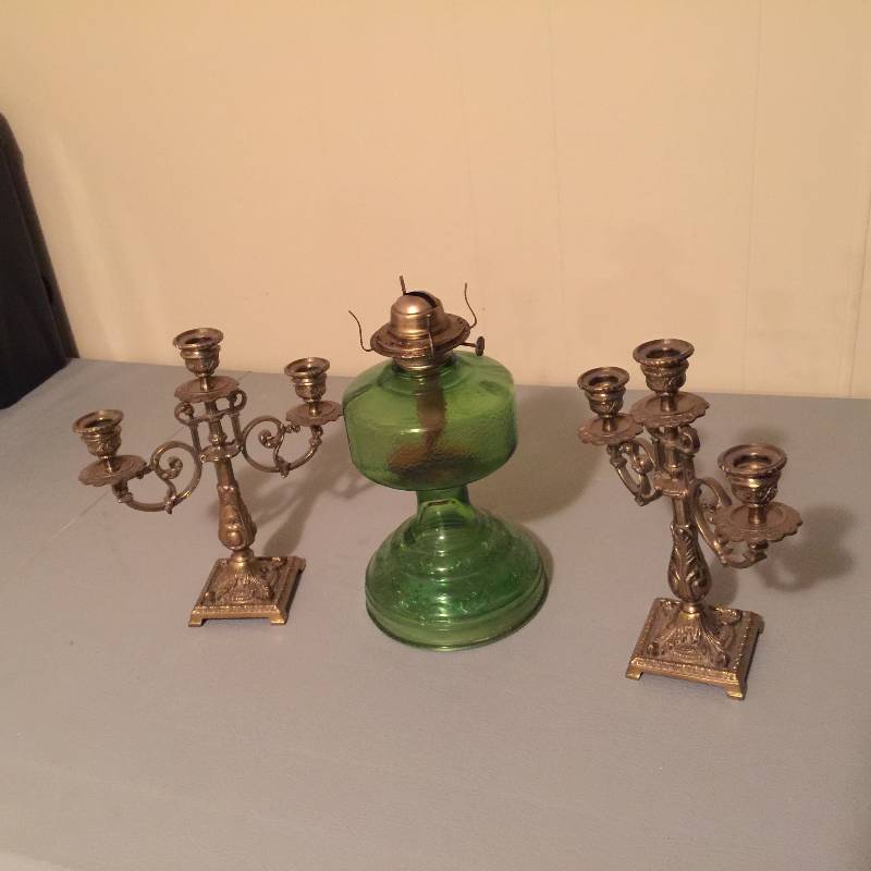 Green Glass Lantern & Candleholders