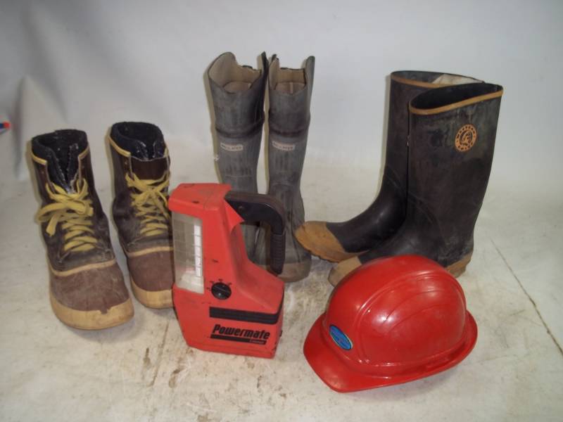lot 5 image: Mud Boots size 10 & 12,  Snow Boots size , Hard Hat, Light