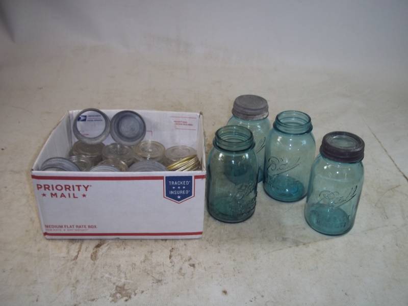 lot 37 image: Blue Canning Jars, Zinc Lids, Glass Lids