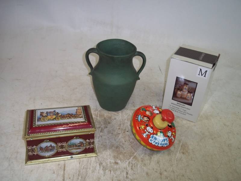 lot 38 image: Monogrammed Candle, Toy Top, Pottery Vase, Metal Box