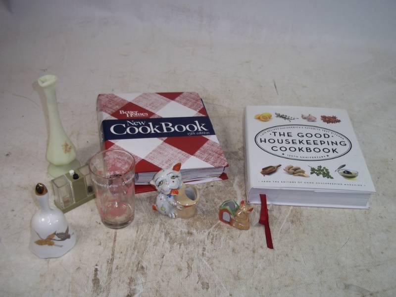 lot 39 image: Cookbooks, Bell, Glass S&P Shakers, Fenton Vase, Toothpick Holder