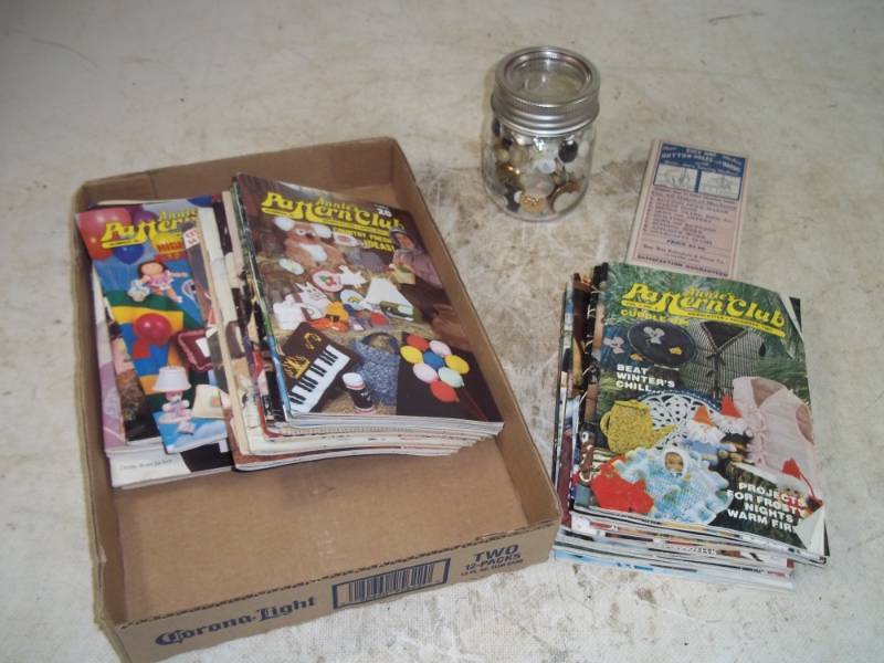 lot 44 image: CrochetKnitting Pattern Books, Jar of Buttons, Button Hole Hoop