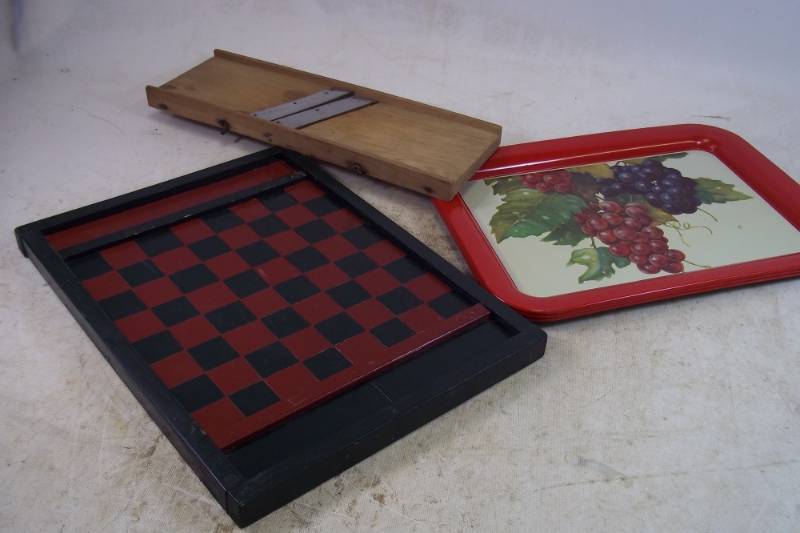 lot 49 image: 3 Metal Trays, Kraut Cutter, Checker Board (no checkers)