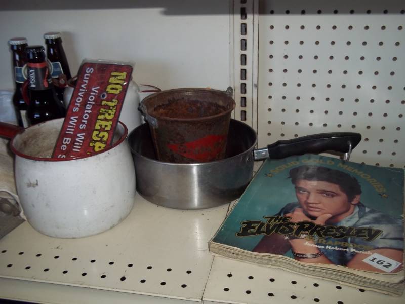 lot 194 image: New Dog Collar, Elvis Book, Bottles, Plastic Pails, Grain Belt Bucket, Assorted Silverware, Misc.