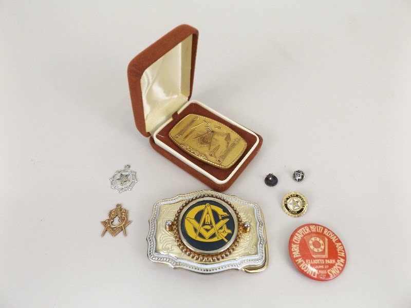 lot 14 image: Lot of Collectible Free Mason Belt Buckles, Pins, etc.