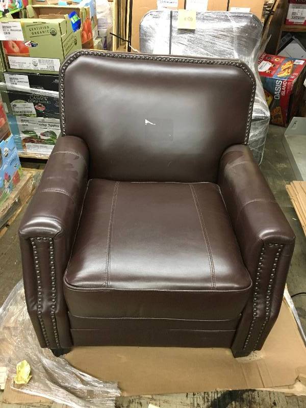 lot 54 image: NEW OUT OF THE BOX HALLANDALE LEATHER CHAIR, BROWN, RETAIL $899.99